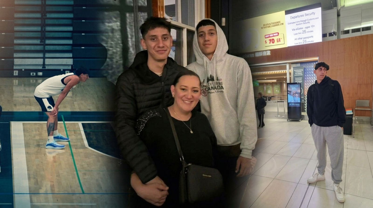 (Left to right) Hunter training at Mercyhurst, Mum with her boys, Cooper departing NZ from Auckland airport